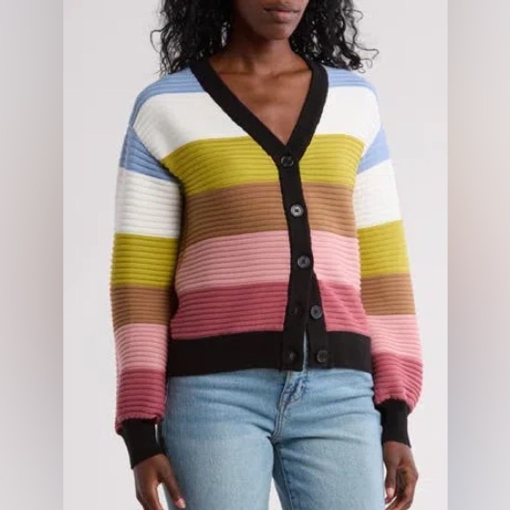 INDUSTRY XS Striped Multicolor V-Neck Cardigan Sweater